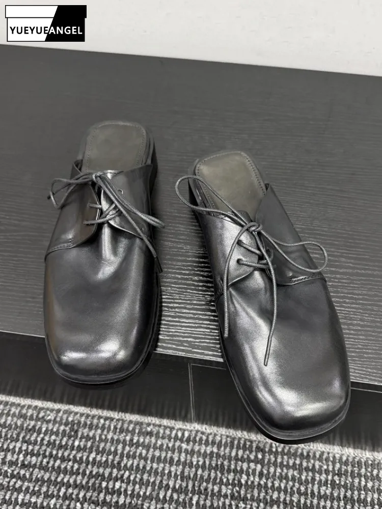 Mens Square Toe Genuine Leather Slippers Breathable Spring Summer Horsehide Mules Shoes Male Outside Daily Casual Black Slides