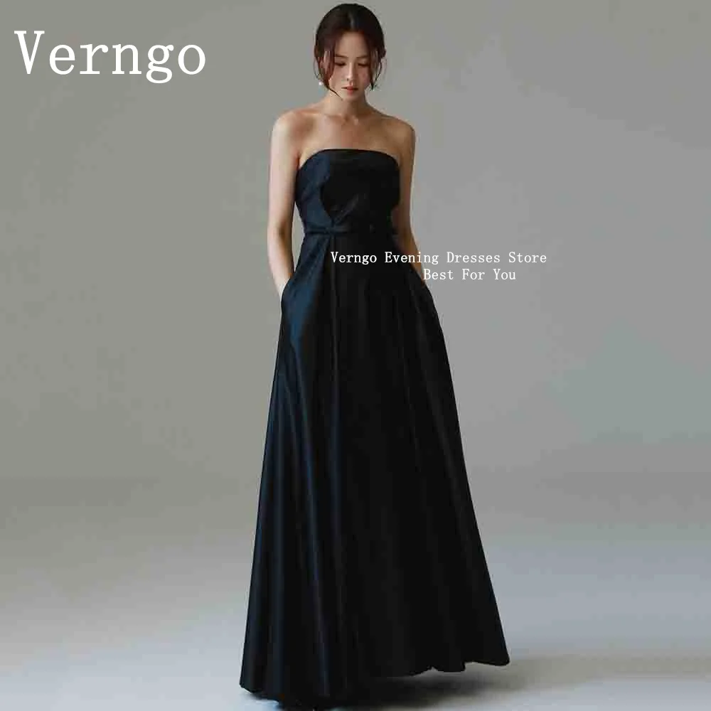 Verngo Simple Black Prom Gown Women Strapless A Line Formal Occasion Dress Korea Classy Bow Evening Dresses 2024