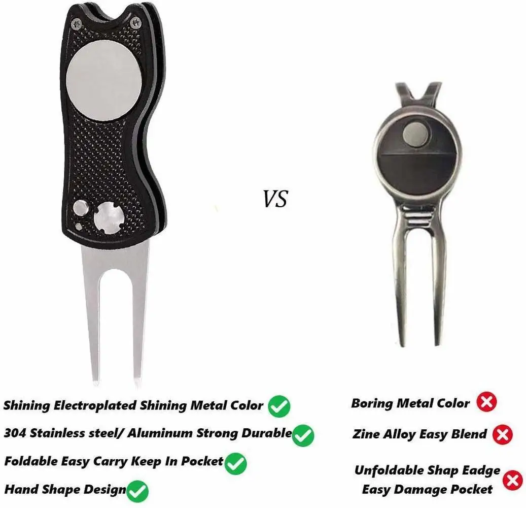 2 Pc Foldable Golf Divot Repair Tools with Magnetic Ball Marker Pop-up Button Stainless Steel Switchblade