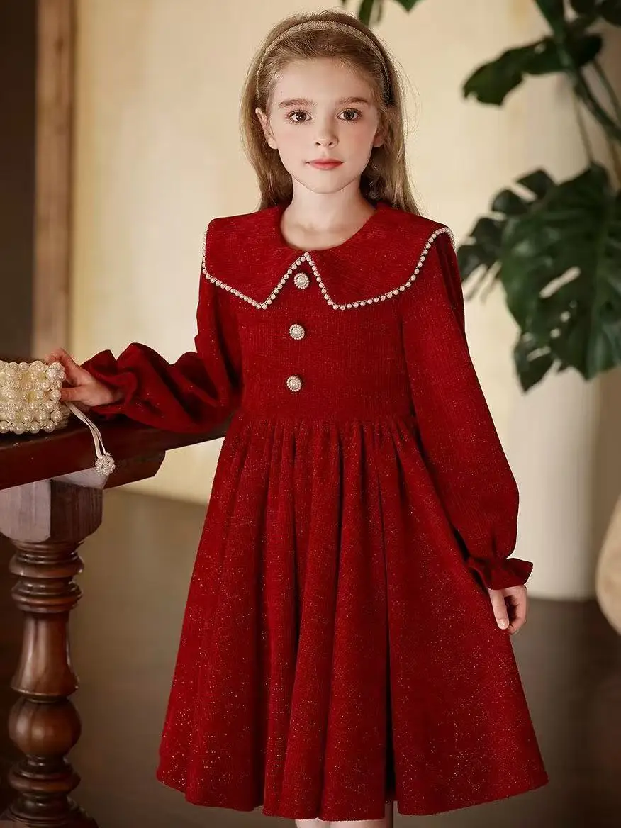 

6-15 Year Girls Christmas Red Dress With Peter Pan Collar Tiered Skirt Sweet Princess Party Gown 130-170CM