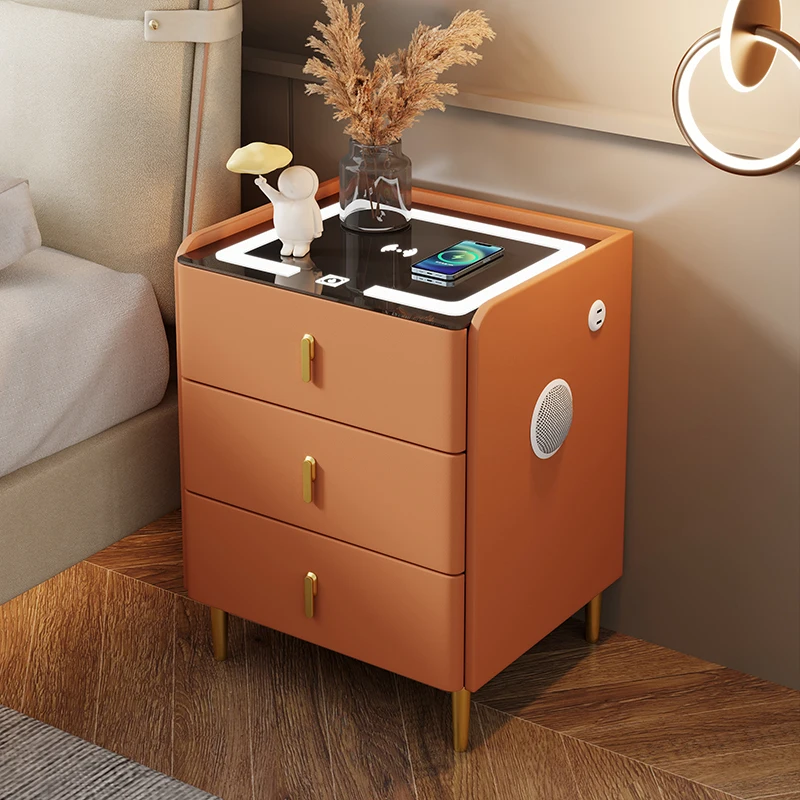 طاولة بجانب السرير بتصميم حافة مائلة حديثة وذكية لغرفة النوم مع ثلاثة أدراج شحن لاسلكي وثلاثة ألوان LED #1