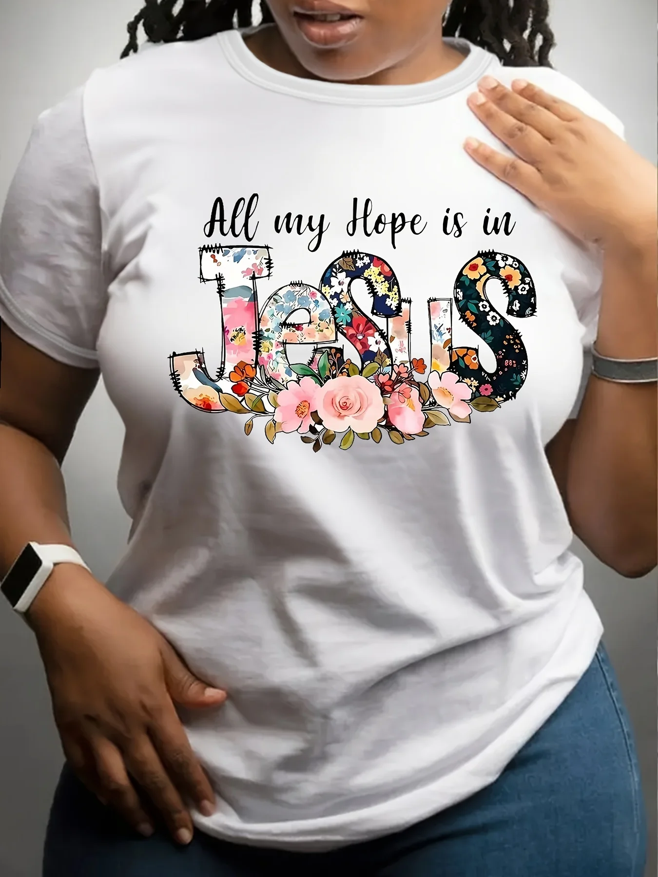 Plus SizeWomen's Plus Size Inspirational "All My Hope is in Jesus" Floral Print T-Shirt - Casual Crew Neck, Short Sleeve, Soft