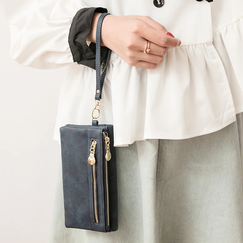 Große Damen-Geldbörse aus mattem Leder mit doppeltem Reißverschluss, Clutch-Handgelenktasche, Handy-, Münz- und Kartenhalter, Multi-Pocket-Geldbörse – Detail 7