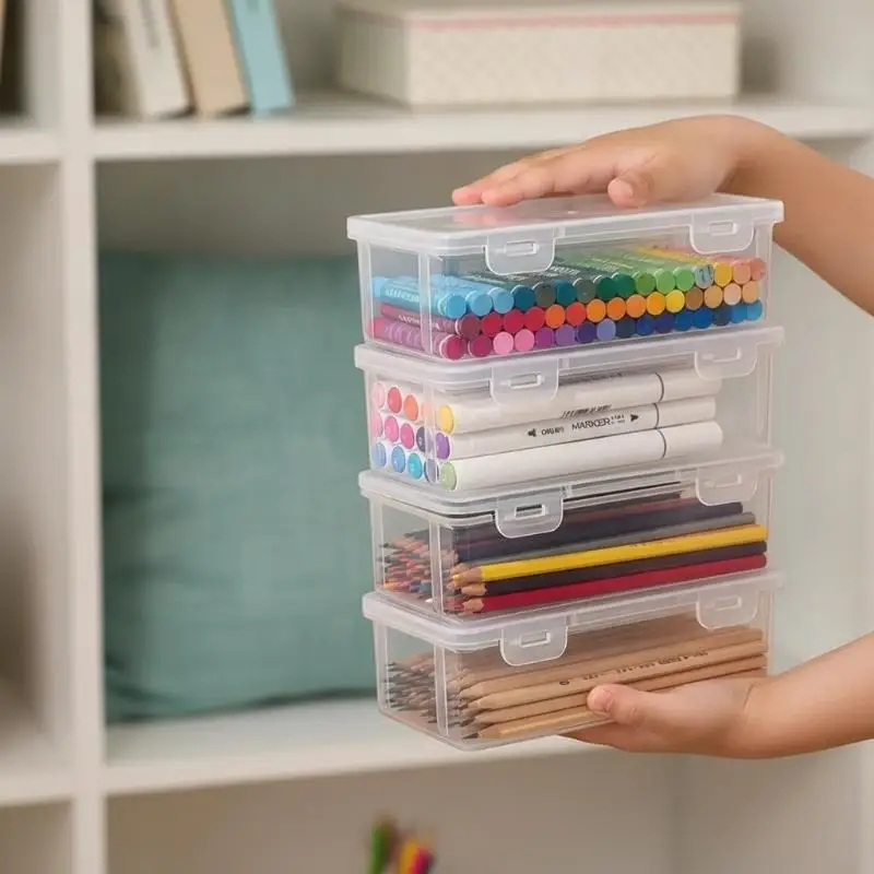 Clear Pencil Marker Organizer 4Pcs Plastic Storage Box with Lid Stackable for Kids School Office Desktop Stationery Storage