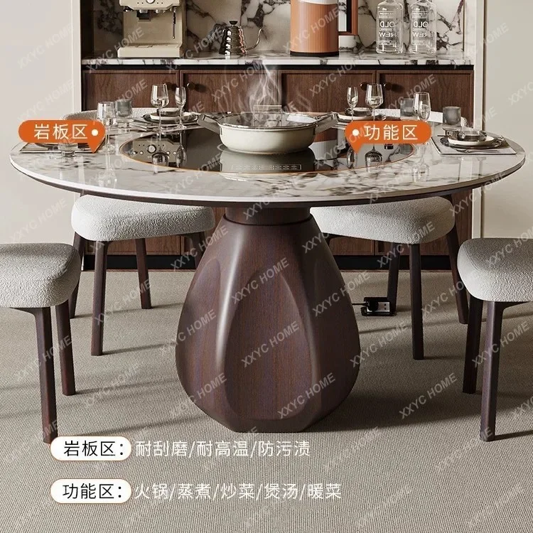 JMultifunctional solid wood rock slab dining table and chair combination modern simple round rock slab hot pot table