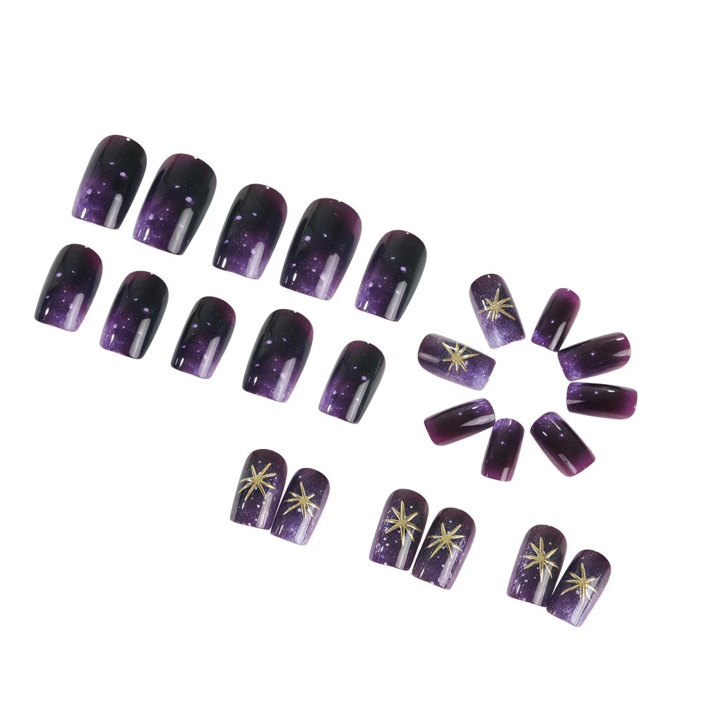 Uñas postizas cortas y medianas, degradado morado y azul, puntas cuadradas con estrellas doradas y plateadas, uñas postizas con efecto estrellado.