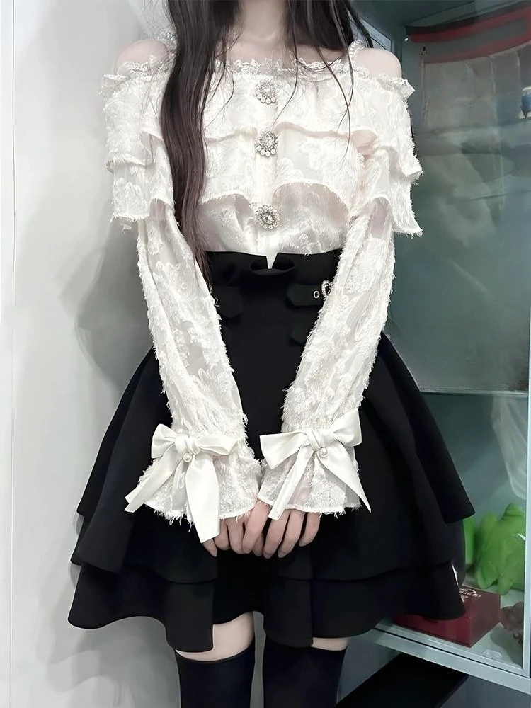 

Lolita Style Sweet Set Solid Elegant Long Sleeve Tops High Waist Y2k Mini Skirt Streetwear Japanese Fashion Suit Woman