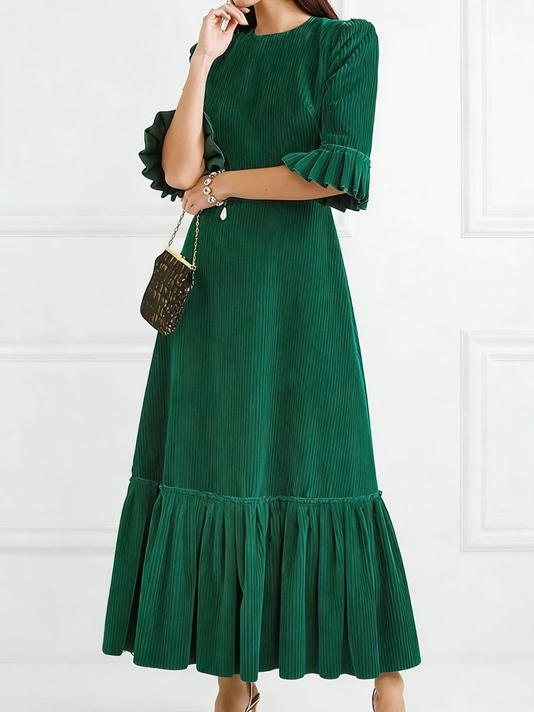 Spring New Women Simple Commute Maxi Dress Vintage Corduroy Solid Color Slim Dress Elegant Half Sleeve High Waist Pleated Dress