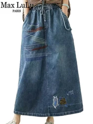 Max LuLu letnie modne ciuchy damskie rozrywka Denim luźne haftowane spódnice damskie klasyczne Vintage Cartoon elegancka odzież uliczna