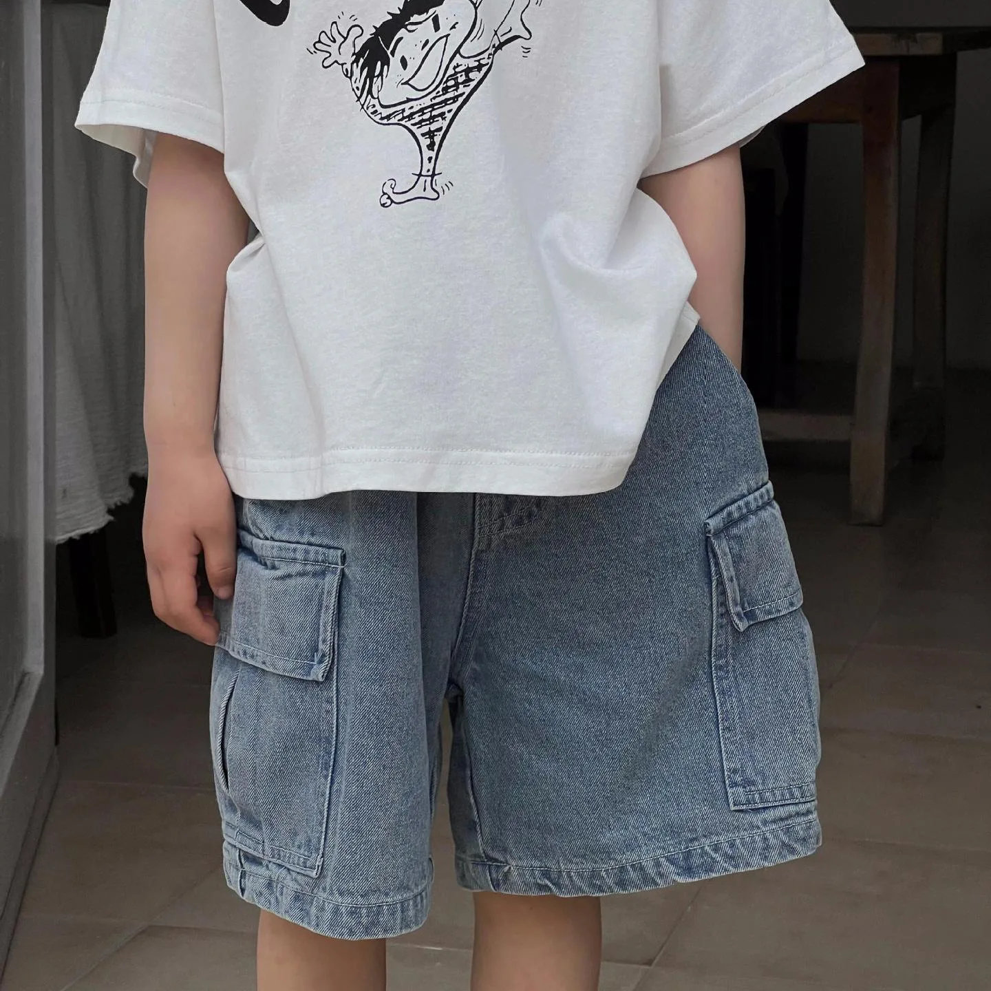 

Kids Pants Children Clothing 2024 Summer New Boys and Girls Korean Denim Solid Loose Casual Trend Knee Length Cargo Pants