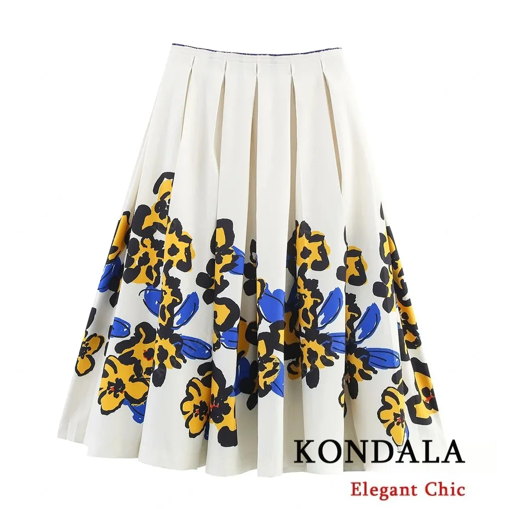 

KONDALA Women Elegant Chic Skirt Floral Printed Pleated Long Skirt 2025 Spring Fall Fashion Hawaii Holiday Sweet Lady Skirt