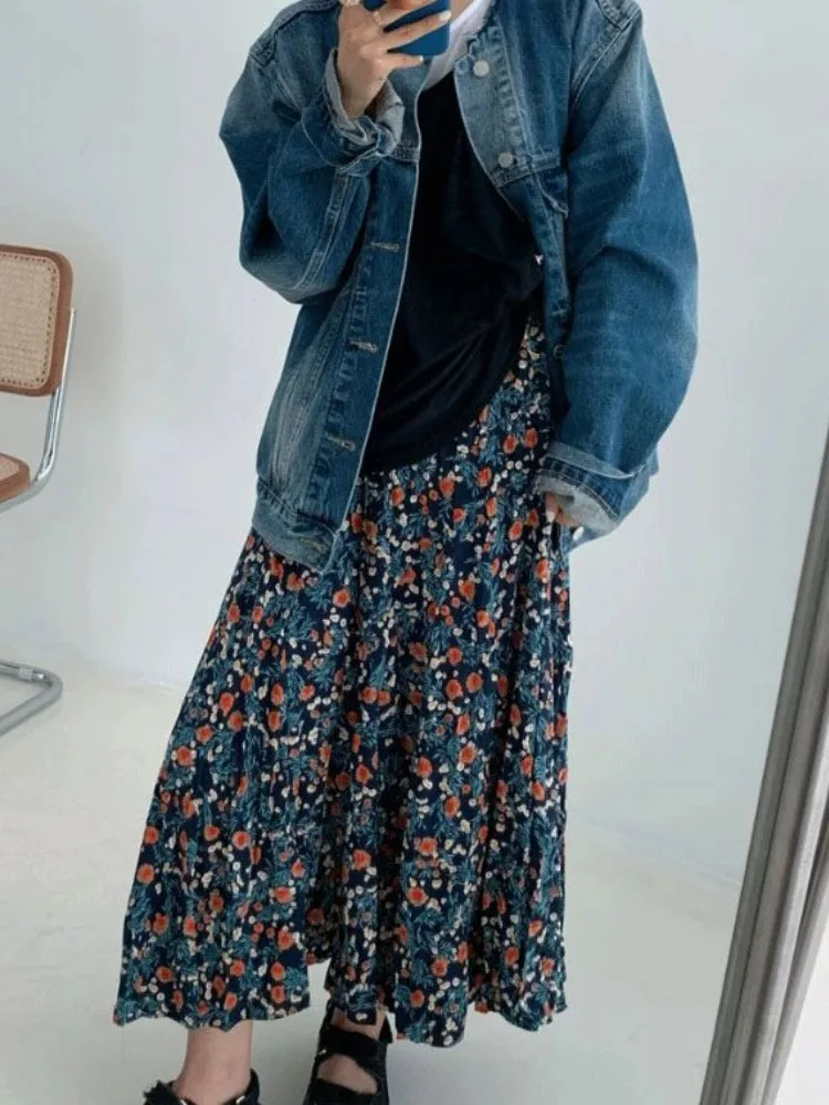 

Print Skirts for Women High Waist Simple A-line Jupe 2024 Faldas Mujer De Moda Vintage Korean Saia Loose Fashion Long Skirt