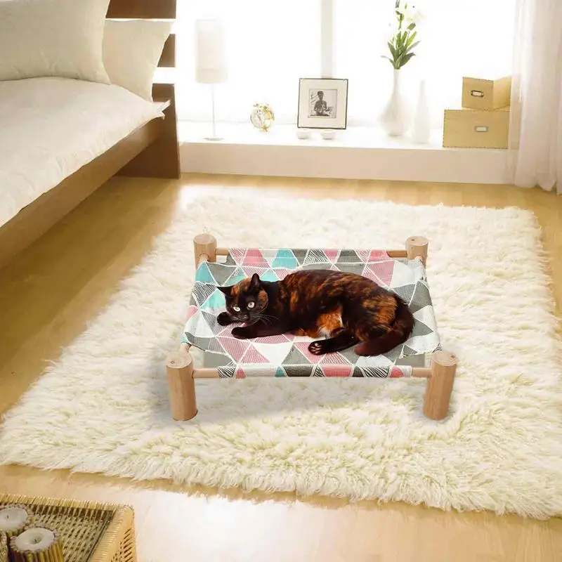 Pet Hammock Bed Freestanding Elevated Cat Dog Solid Wooden House For Sleeping Cooling In Summer Washable Detachable Pet Supplies