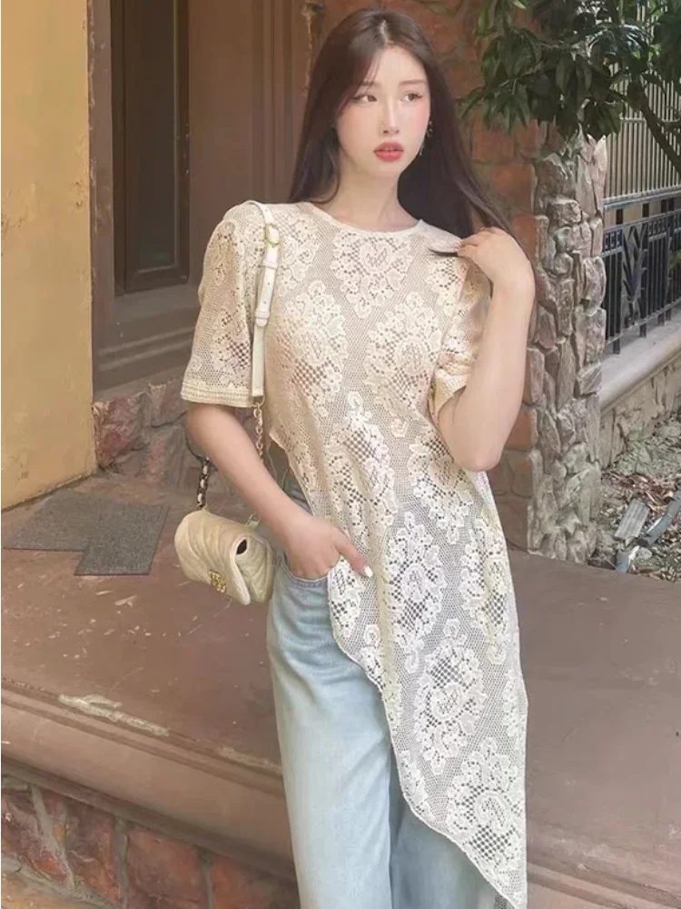 

T-shirts Women Lace Irregular Ladies Simple All-match Fashion Summer Vintage Casual Daily Comfortable Korean Style Elegant Chic
