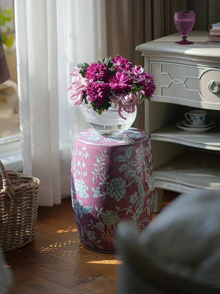 Home Furniture Creative Hand Floral Ceramic Drum Stool French Decor Side Table Sofa End Table Bedroom Living Room Art Tea Tables