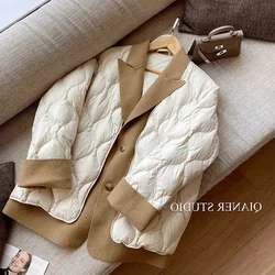 Women's Parkas Down Coats Cotton Puffer Argyle Notched Fake Two Piece Winter Jacket Women 2024 Knitted Cardigan  Parka