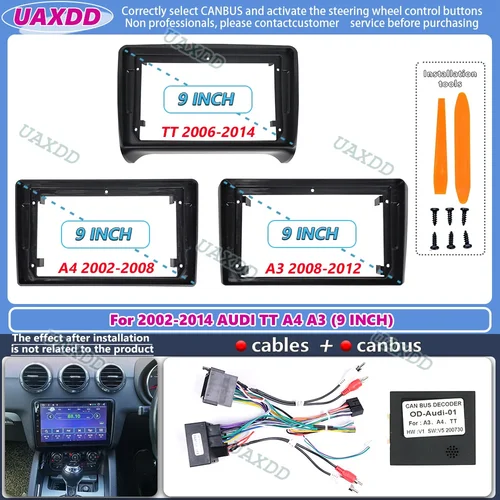 Imagen 1 del producto Para 2002-2014 AUDI TT A3 A4 9 pulgadas 2 Din radio estéreo de coche panel de marco Android cable de fascia adaptador de arnés de vídeo decodificador canbus