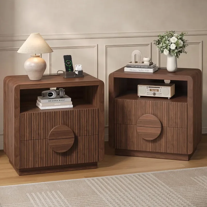 Factory Hot Selling Groove Bedside Table Set with Charging Station Open Shelf and 2 Drawers Modern Nightstand for Bedroom
