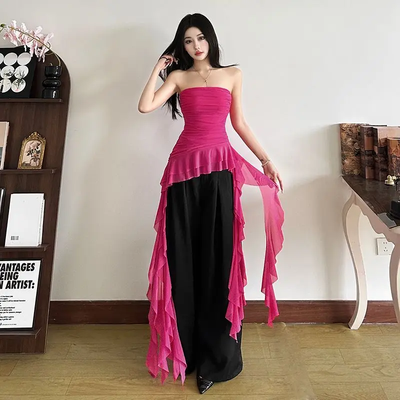 Dress Women's Summer Solid Color Ruffled Patchwork Strapless Tank Top Pleated Fitted Slimming Asymmetrical New Casual Versatile