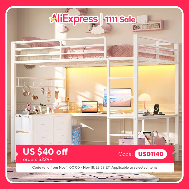 Space-Saving Multifunctional Loft Bed With U-Shaped Work Desk, 6 Drawers, RGB LED Lights, Charging Station & 11