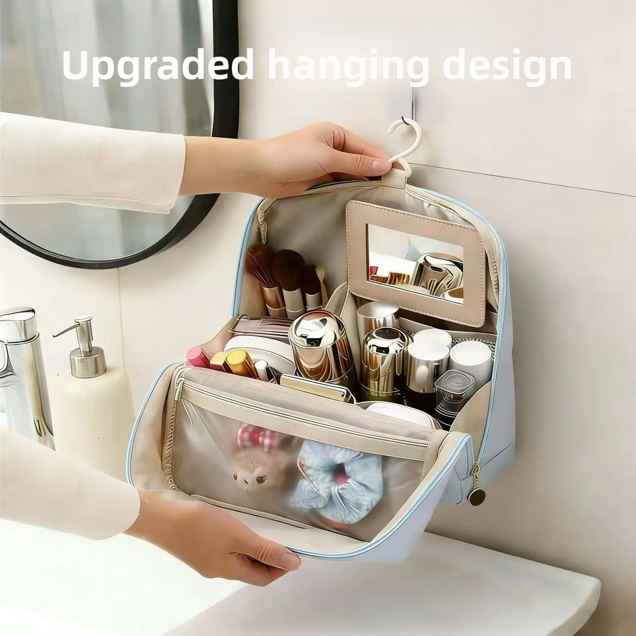 Standing Mirror Cosmetic Bag Large Capacity Travel Outdoor Nylon Waterproof Multi-Compartment Makeup Storage Bag New Model