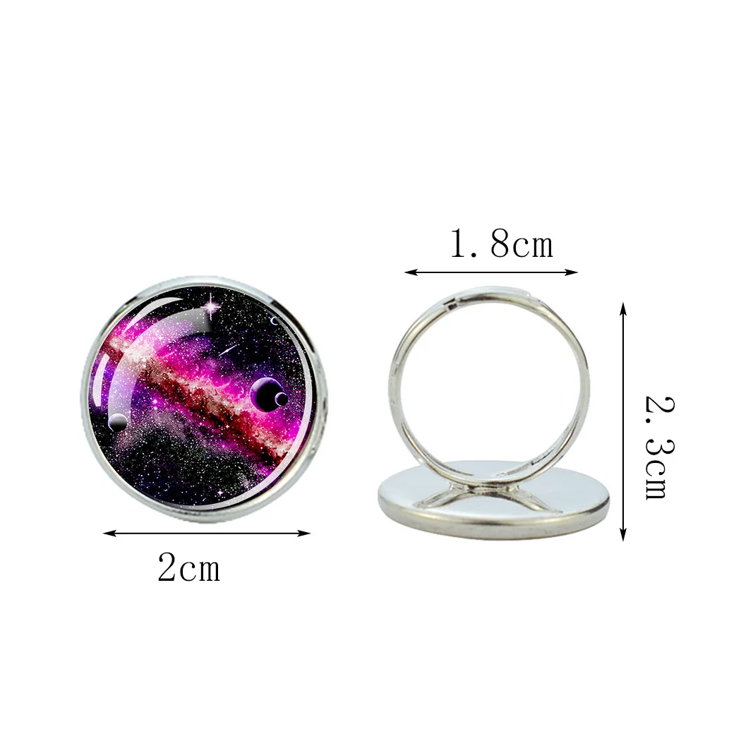 Planet Solar System Luminous Ring Spiral Galaxy Nebula Glow in The Dark Glass Dome Adjustable Rings Women Men Astronomy Jewelry