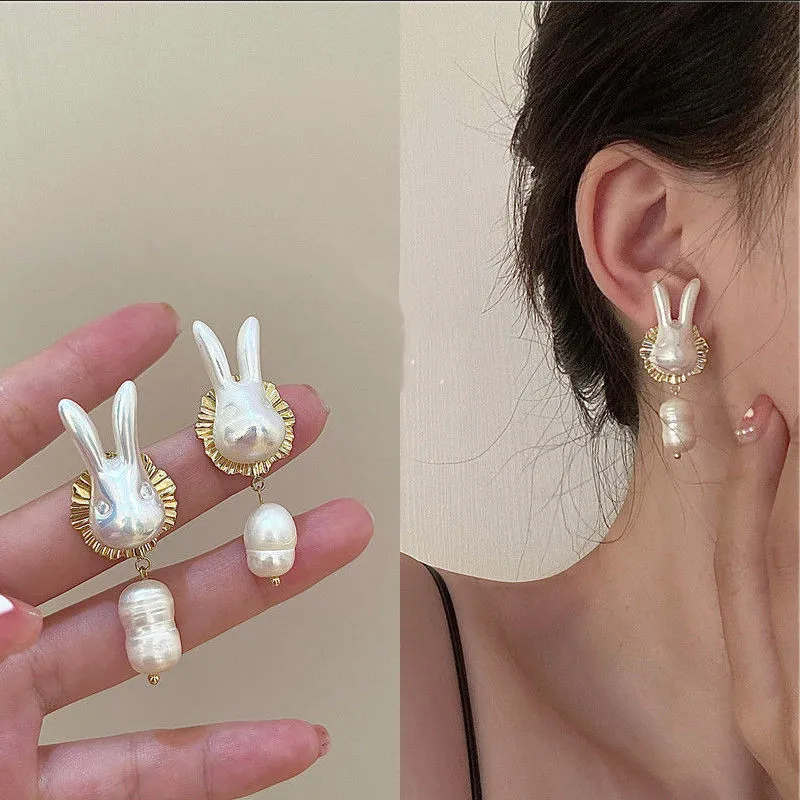 Baroque Pearl Rabbit Bunny Earrings for Women Easter Jewelry Accessories Unusual Party Gifts 2022 Korean Trendy Christmas Gifts