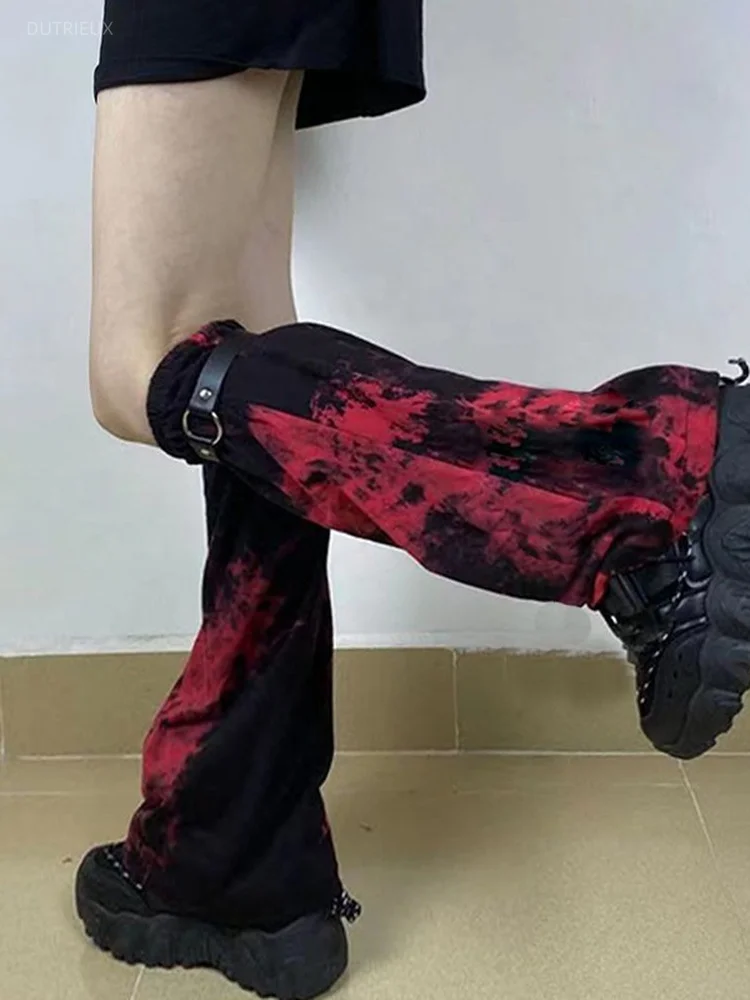 Grunge Punk Girl Goth Leg Warmer Black Red Tie Dye Lady Y2k Harajuku Gothic Foot Covers PU Strap Long Sock Chic Streetwear