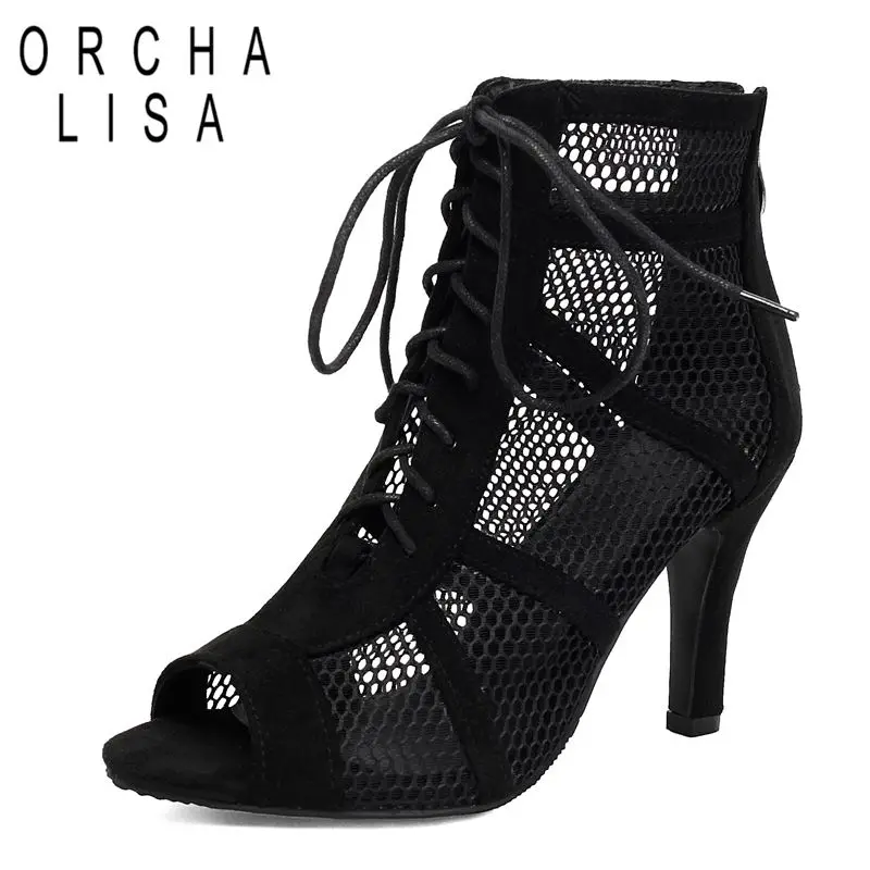 

ORCHA LISA Black Women Sandals Peep Toe 10.5cm Stiletto Heeled Zipper Lace Up Breathable Mesh Plus Size 42 43 Sexy Dating Shoes