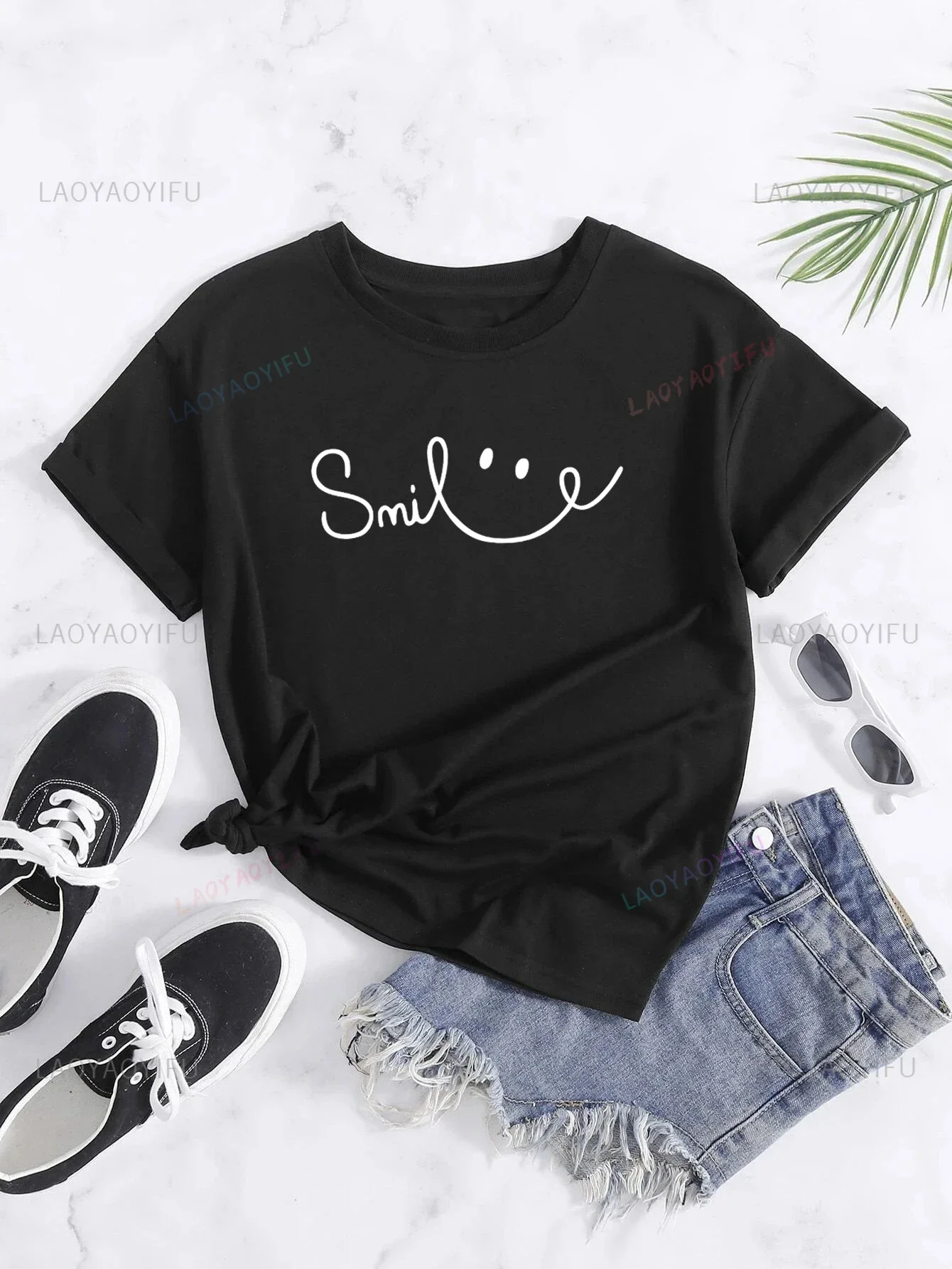 Micro Smile Fashion Printed Harajuku Women's Short Sleeve Casual Cotton T-shirt Suitable for Spring and Summer Women's Clothing