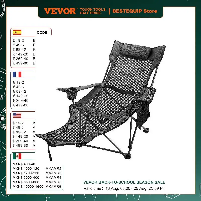 VEVOR Folding Camp Chair Portable Lounge Chair with Cup Holder and Storage Bag for Camping Fishing and Other Outdoor Activities