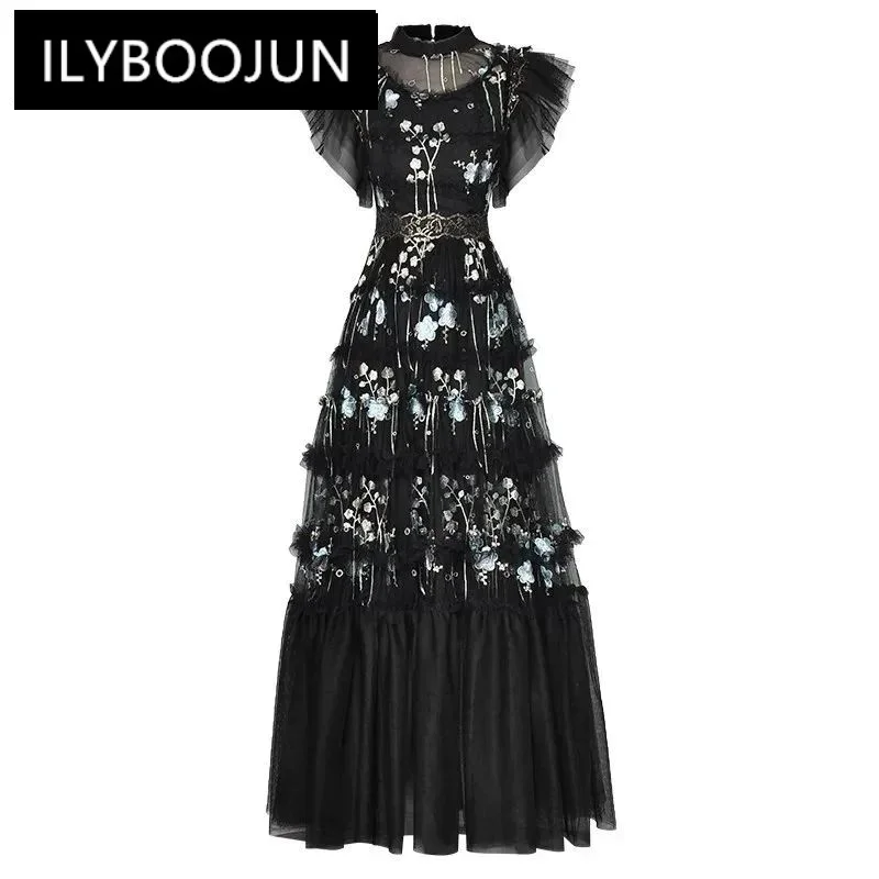 ILYBOOJUN Fashion Summer Women\'s dress Butterfly Sleeve Mesh Embroidery Wood ear edge Black Vintage Elegant Party Dresses