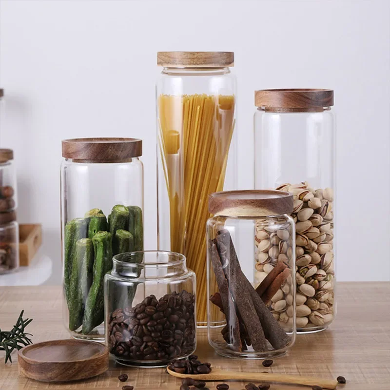 Wood Lid Glass Airtight Canister Kitchen Storage Bottles Jar Sealed Food Container Tea Coffee Beans Grains Candy Jars Containers