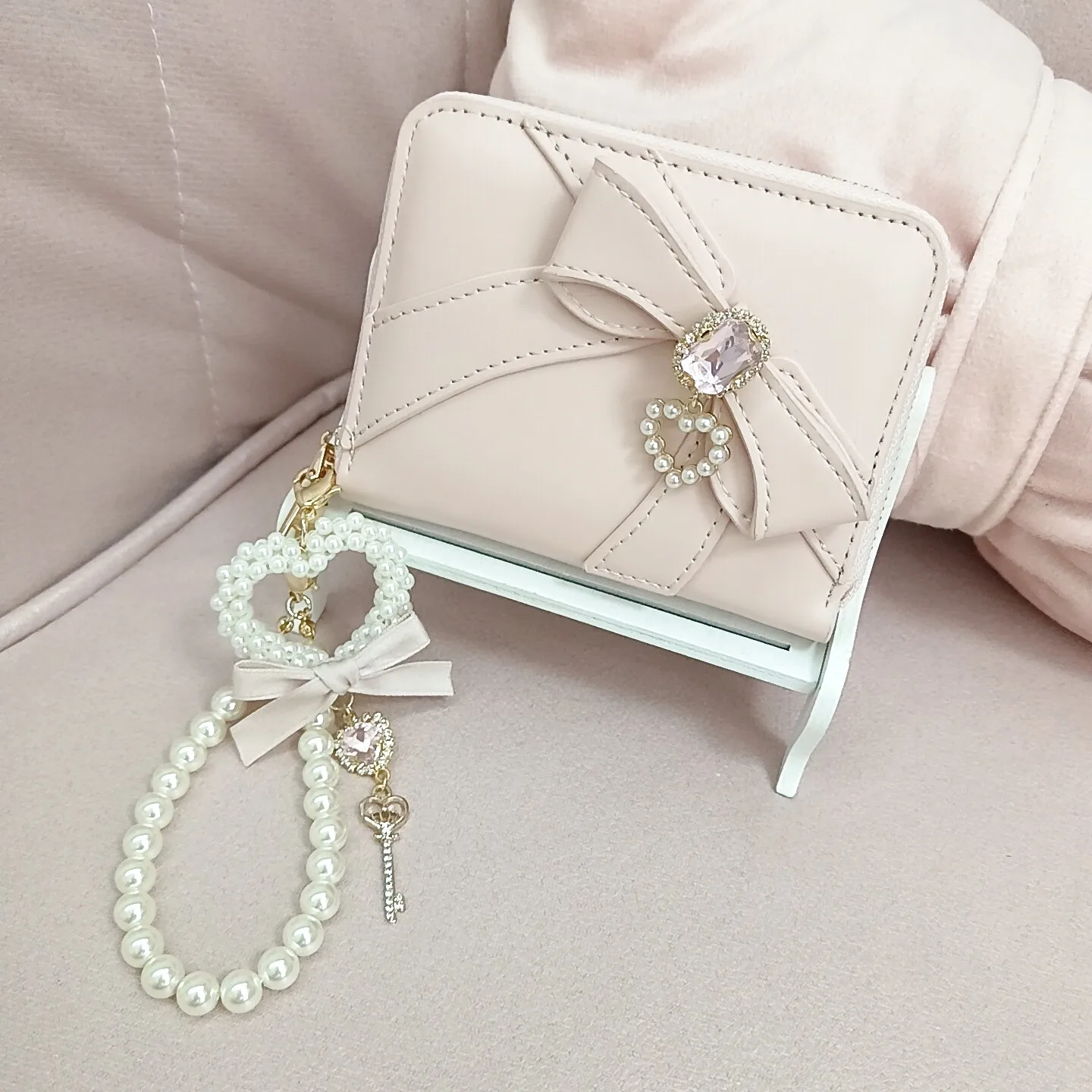 Girls Ins Bow Love Pendant Wallet for Women Original Designed Handmade Japanese Sweet Zipper Wallet