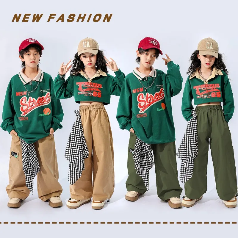 Boys Hip Hop Polo Sweatshirt Loose Cago Pants Girls Crop Top Street Dance Baggy Joggers Child Streetwear Kids Jazz Clothes Sets