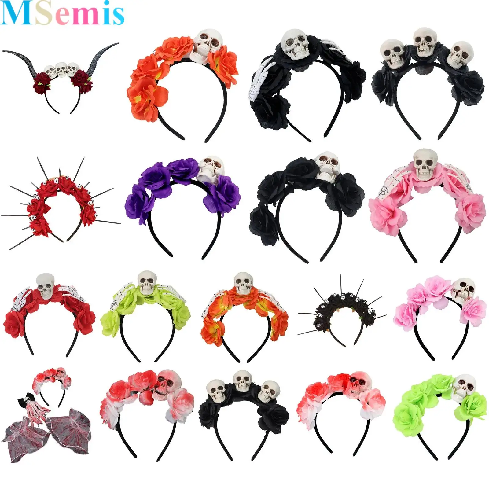 

Day of The Dead Headpiece Skull Headband Halloween Mexican Gothic Floral Hair Hoops Some with Cuffs Party