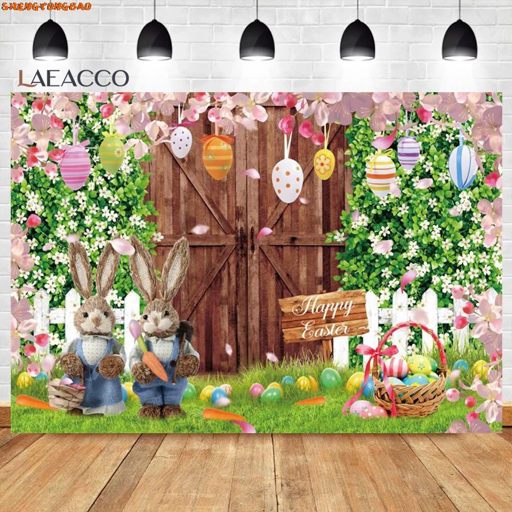 Happy Easter Backdrops for Photography Wooden Door Bunny Colorful Eggs Spring Flower Green Grass Kids Portrait Photo Background