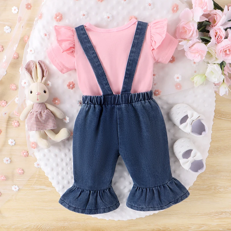 BeQeuewll Baby Girl 2Pcs Spring Outfits Short Sleeve Ruffle Tops And Denim Overalls Set Infant Clothes For 3-24 Months