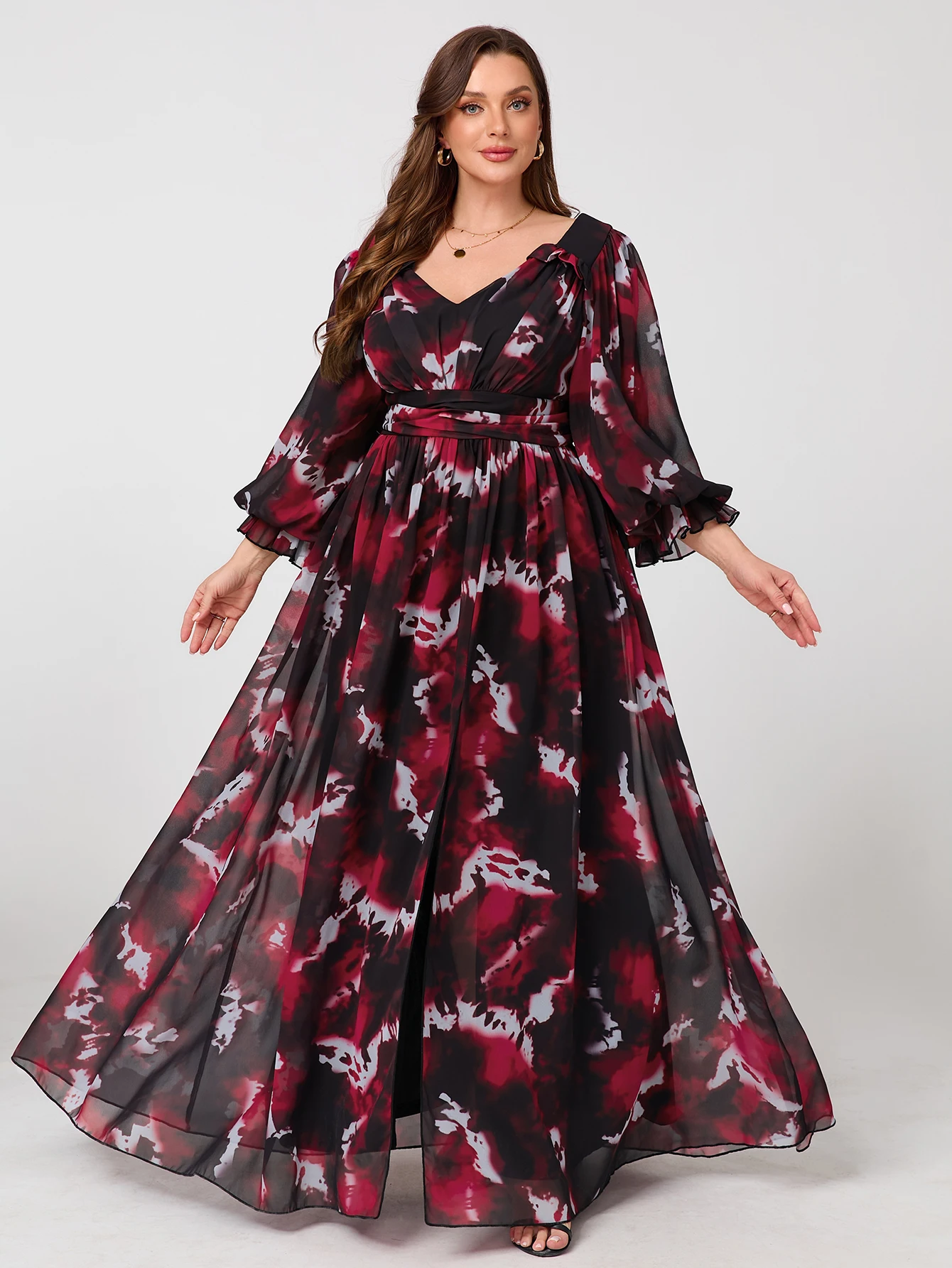 UNITHORSE Vestido de Noche Maxi Elegante de Gasa con Cuello en V, Manga Linterna, Ajuste Delgado y Abertura Alta para Mujer [Corte Aleatorio]