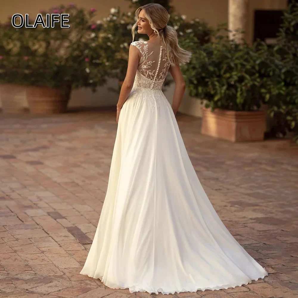 Sunny Customized Lace Chiffon Wedding Dresses O-Neck Side Split Buttons Back A-Line Bridal Party Gown Vestidos De Novia