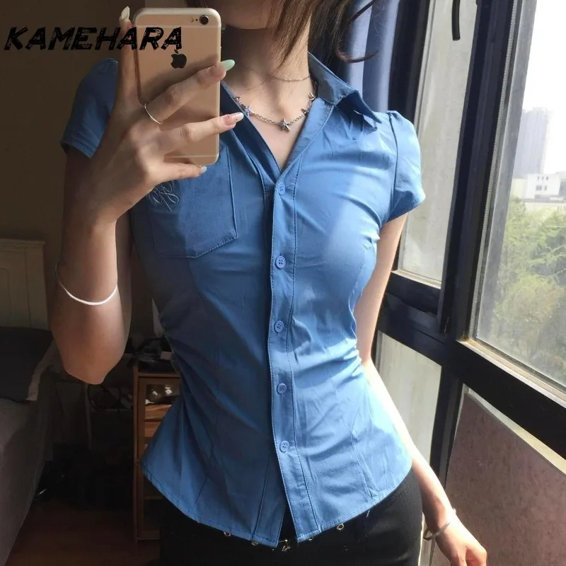 

KAMEHARA Retro College Style Collared Short Sleeve Shirts Summer Dopamine Spicy Girl Shirt Y2k Streetwear Tops 민소매 티 여성 Goth Tee