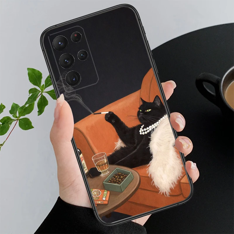 

Phone Case For Samsung A55 A16 A56 A36 A35 A15 A53 A54 A33 A34 A25 A05S A52 A52S A14 A26 A71 Drinking Wine Cat
