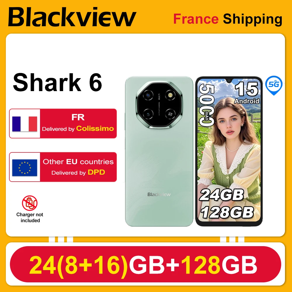 Blackview Smartphone Shark 6 [Pas de chargeur UE] Android 15 5000mAh 24(8+16)GB+128GB 120Hz 16MP+8MP 6,88