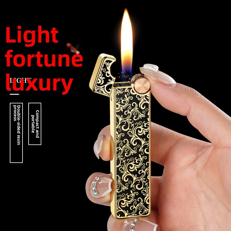 Retro Personality Metal Grinding Wheel Open Flame Lighter Resin Long Strip Inflatable Slender Cigarette Lighter Men's Gift