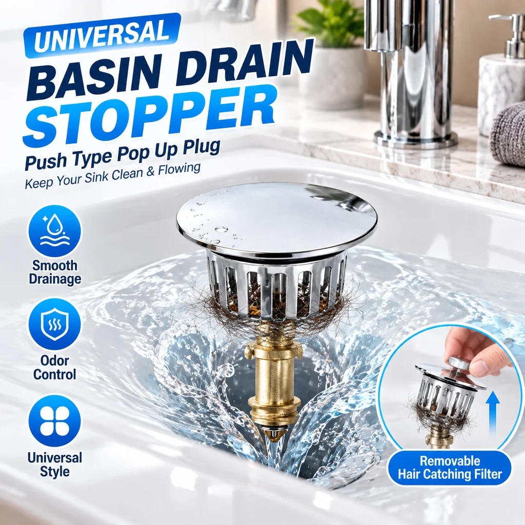 Universal Chrome Basin Drain Stopper - Push Type Pop Up Plug with Removable Hair Catching Filter for Bathroom Sink and Vanity