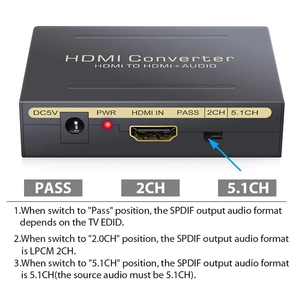 1080P 60Hz HDMI Audio Splitter Extractor HDMI to HDMI and Optical TOSLINK SPDIF + 3.5mm Stereo Audio Extractor For PC PS4 TV DVD