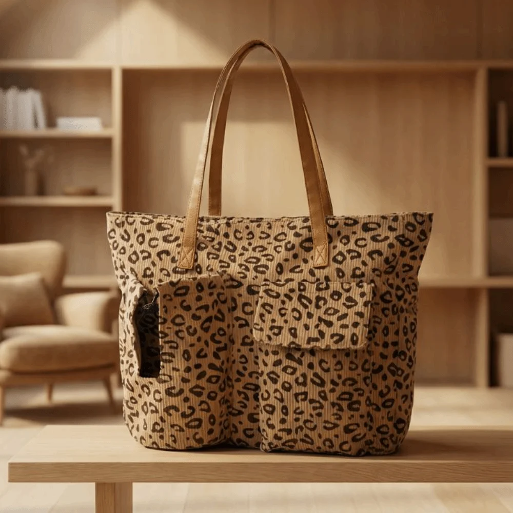Large Capacity Corduroy Tote Bag Cherry/Leopard Pattern Multi-Pocket Cute Printed Handbag Adjustable Shoulder Simple