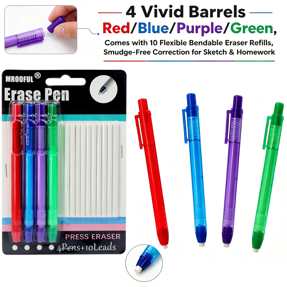 Pen Shape Press Type Pencil Eraser Set Replaceable Core Sketching Painting Writing Erase Supplies  Stationery Accessories
