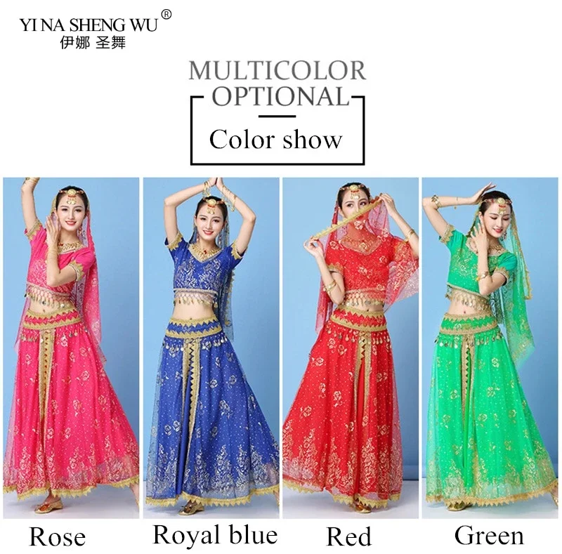 Sexy Bauchtanz-Kostümset für Damen im Bollywood-Stil, ägyptisch-indischer Stil, Chiffon-Oberteil mit Pailletten und Fransen, Rock für Bühnenauftritte – Detail 1
