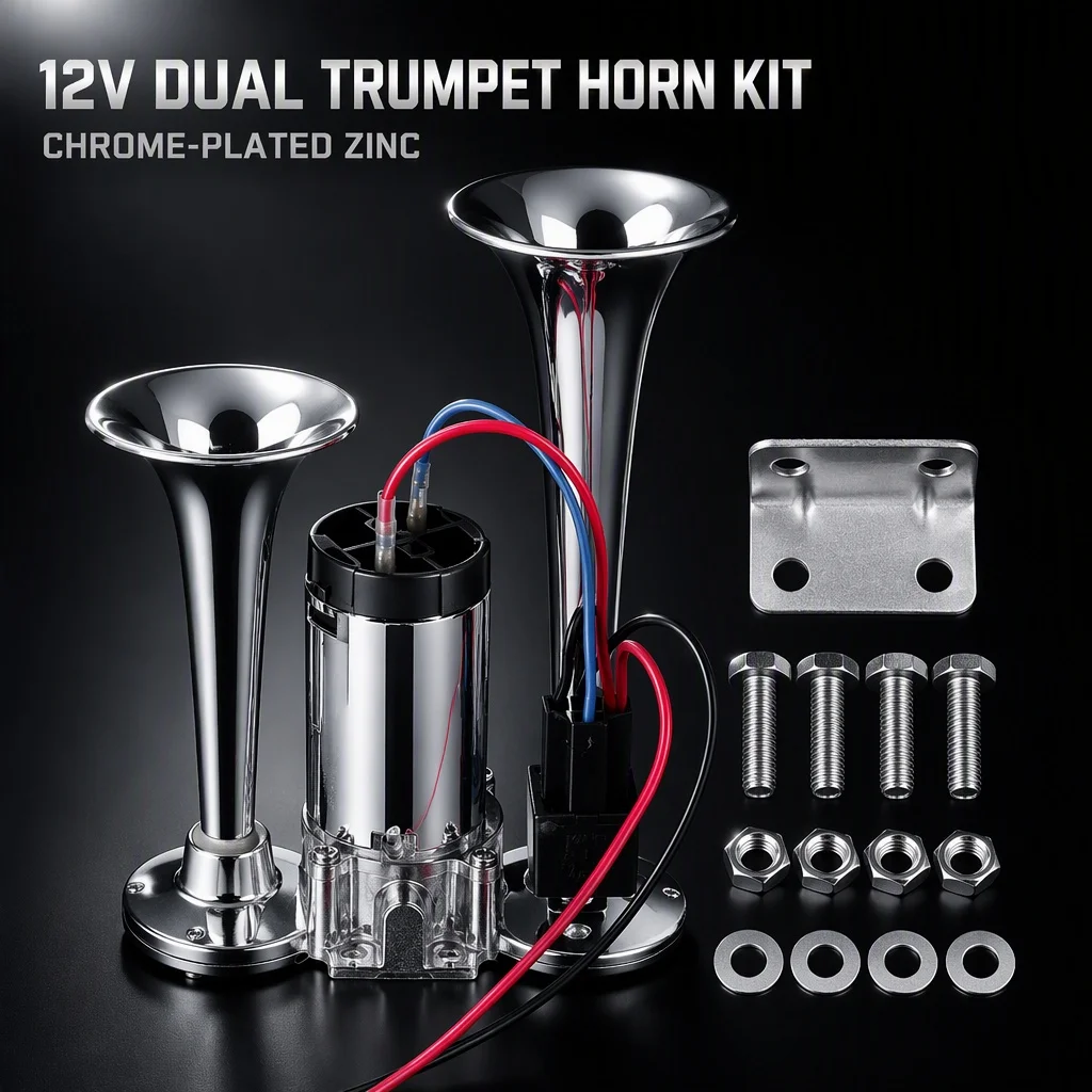 12V Super Loud Dual Trumpet Air Horn 150DB Waterproof Electric Horn Kit for Car Truck Motorcycle Yacht Bu